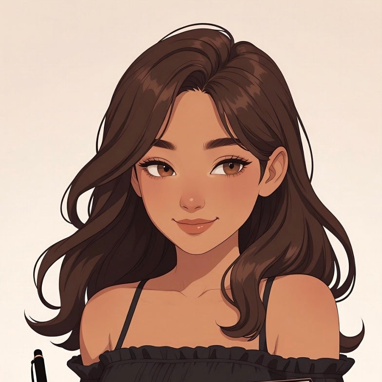 Illustration of a woman with long brown hair wearing a black top on a beige background